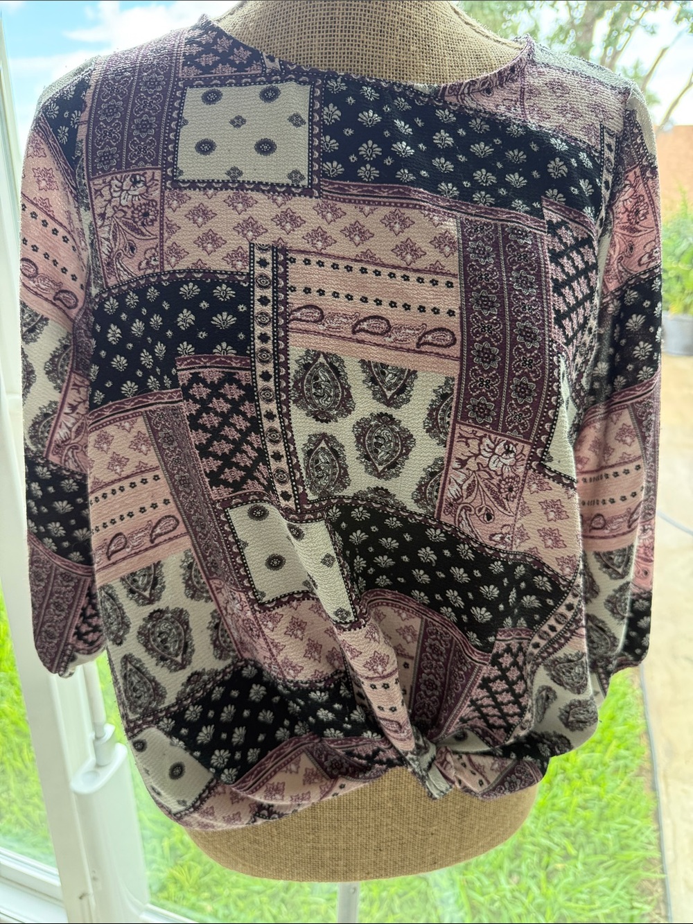 Patchwork Print Pink and Black Tie-Hem Blouse